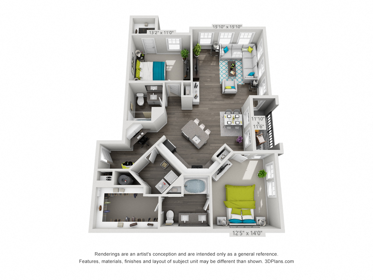 Floor plan for 2 beds, 2 baths, 1396 sqft